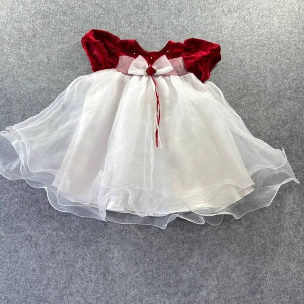 Rare Editions Red Velvet White Organza Holiday Dress Baby Girls 24M Bow Adorable